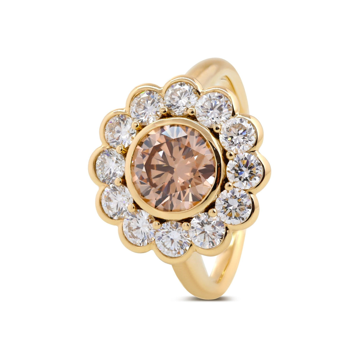 14K Yellow Gold 1.5ct Round Cut Light Brown Lab Diamond Bezel Ring with Roound Lab Diamond Halo - FIORESE JEWELRY
