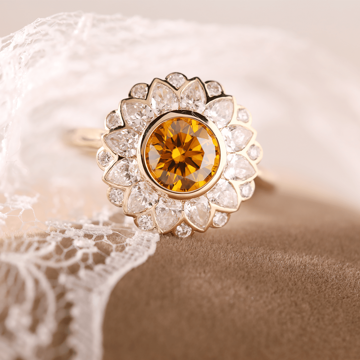 14K Yellow Gold 1.5ct Round Cut Yellow Lab Diamond Nature - Inspired Sunflower Halo Ring - FIORESE JEWELRY
