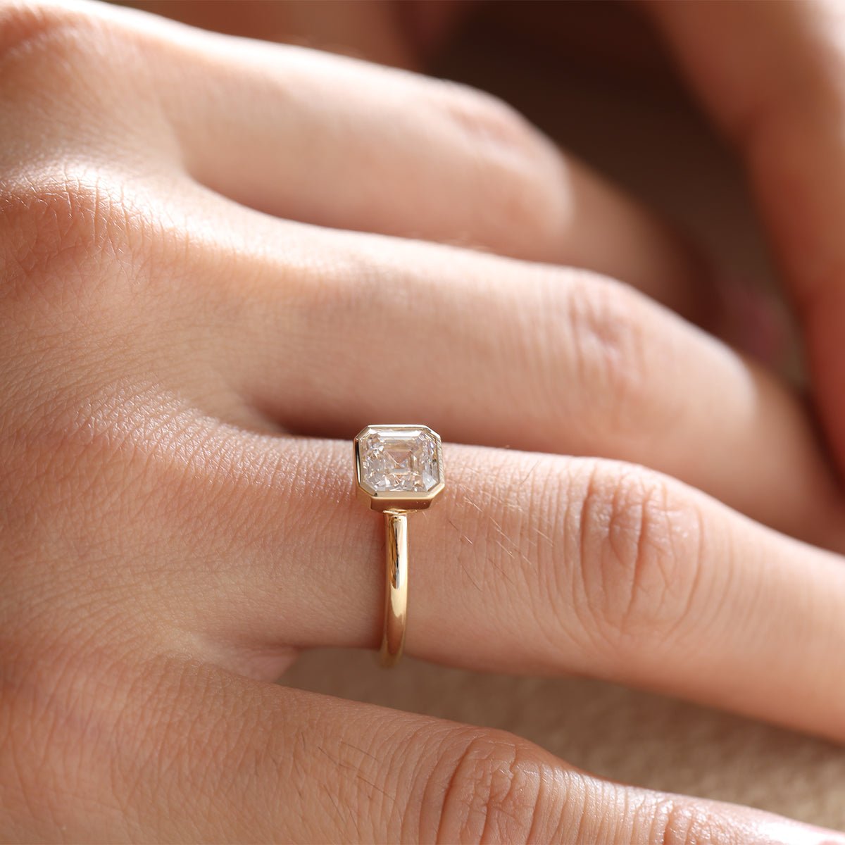14k Yellow Gold 1ct Asscher Cut Lab Diamond Bezel Ring - FIORESE JEWELRY