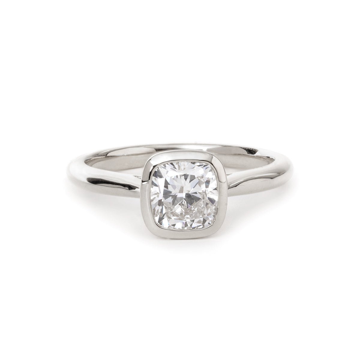 14K Yellow Gold 1ct Cushion Cut Lab Diamond Bezel Cathedral Setting Tapered Band Pinky Ring - FIORESE JEWELRY
