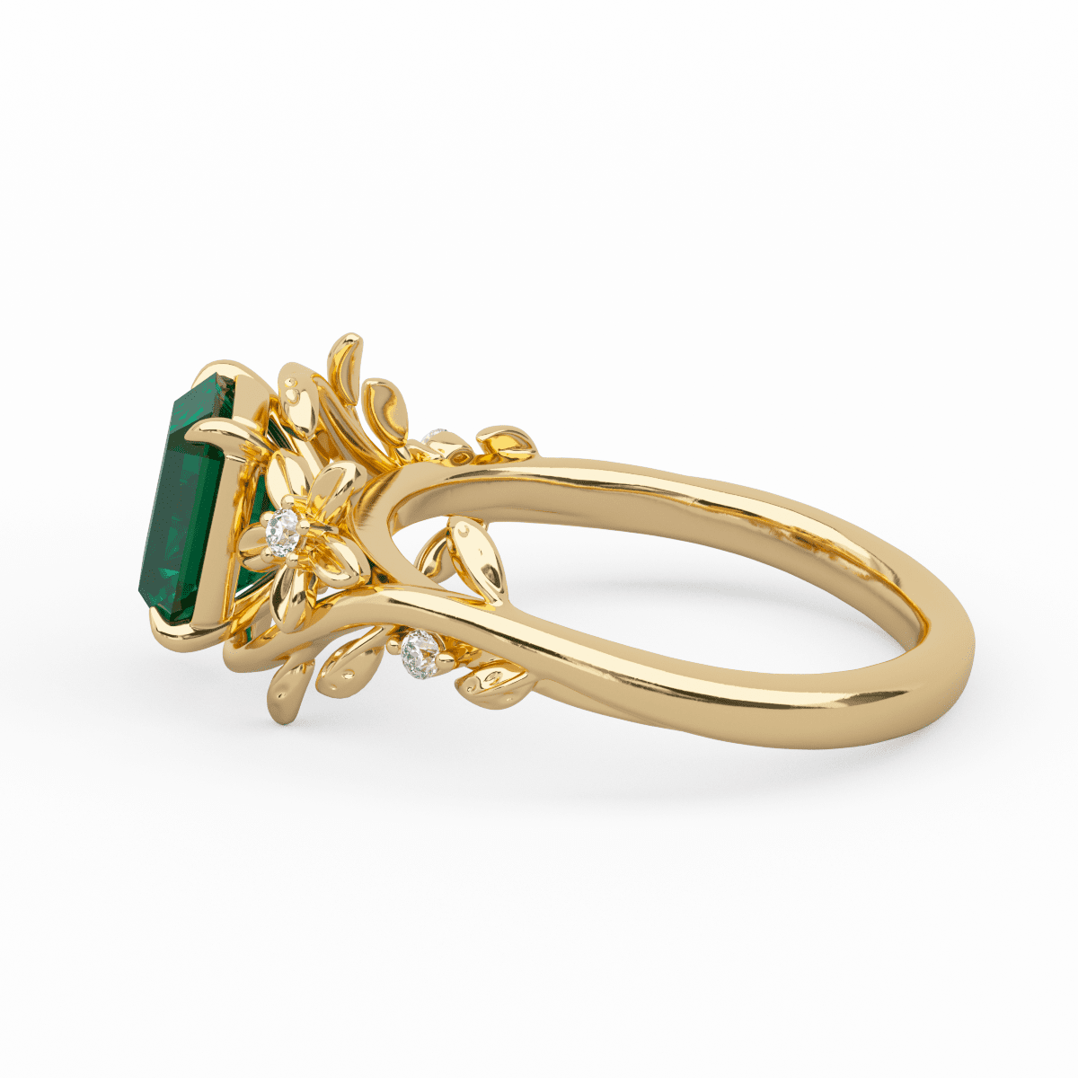 14K Yellow Gold 1ct Lab Emerald Art Nouveau Nature - Inspired Ring with Round Lab Diamond Side - stones - FIORESE JEWELRY