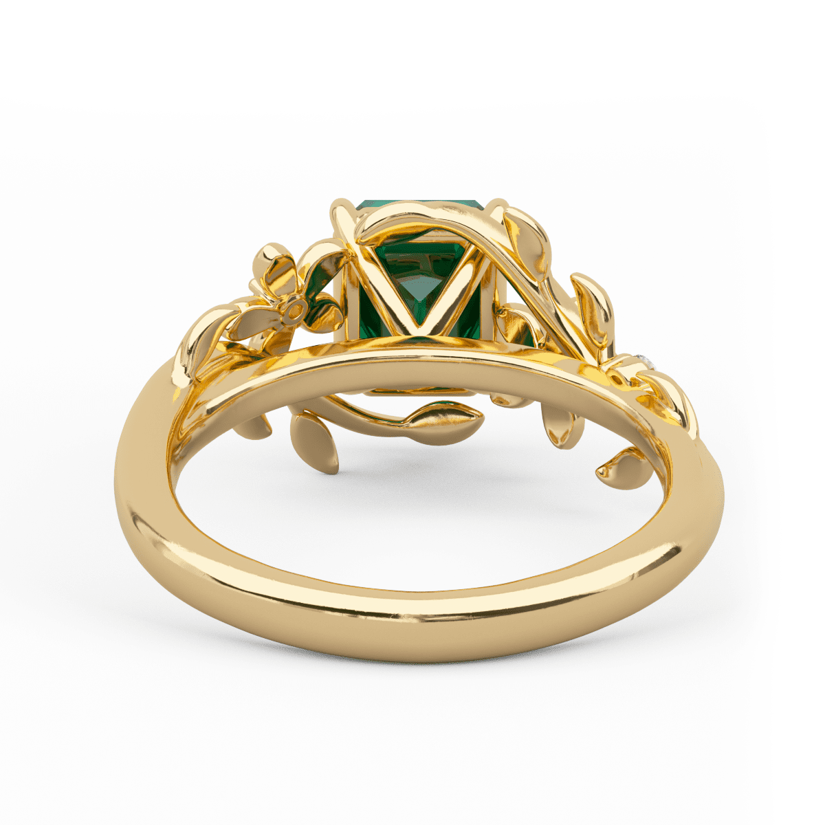 14K Yellow Gold 1ct Lab Emerald Art Nouveau Nature - Inspired Ring with Round Lab Diamond Side - stones - FIORESE JEWELRY