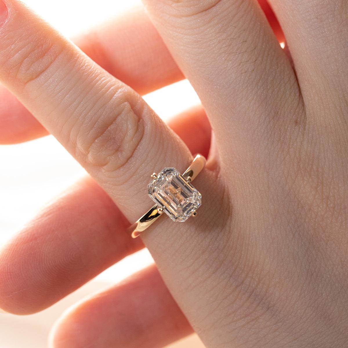 14K Yellow Gold 2 Carat Solitaire Diamond Ring with Emerald Cut Lab Diamond and Floral Prong Setting - FIORESE JEWELRY