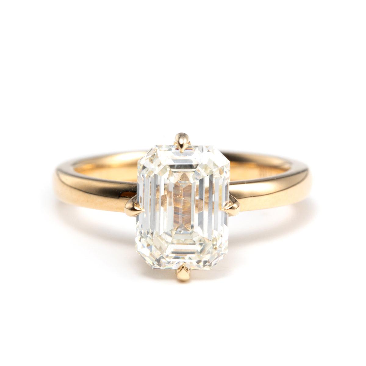 14K Yellow Gold 2 Carat Solitaire Diamond Ring with Emerald Cut Lab Diamond and Floral Prong Setting - FIORESE JEWELRY