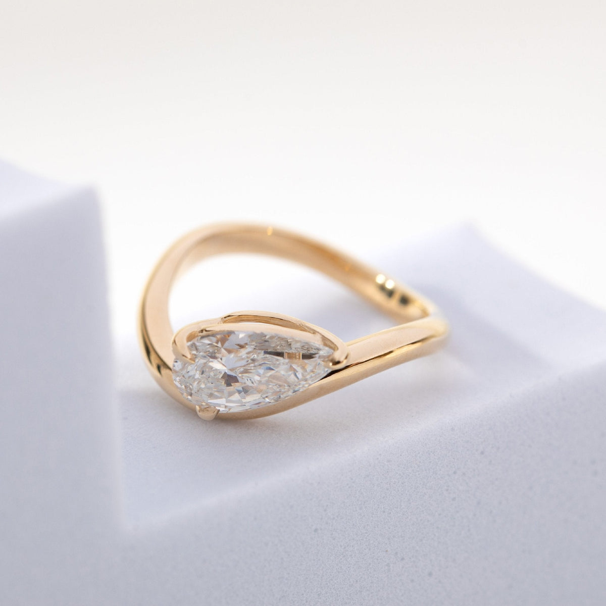 14K Yellow Gold 2 Carat Solitaire Diamond Ring with Pear Cut Lab Diamond and Wave Design - FIORESE JEWELRY