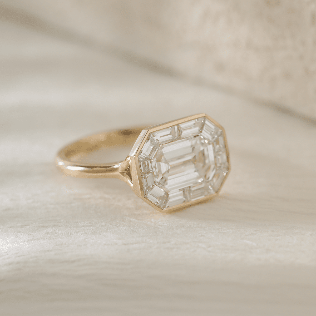 14K Yellow Gold 2.5ct Antique Emerald Cut Lab Diamond Ring with Tapered Step Cut Lab Diamond Halo - FIORESE JEWELRY