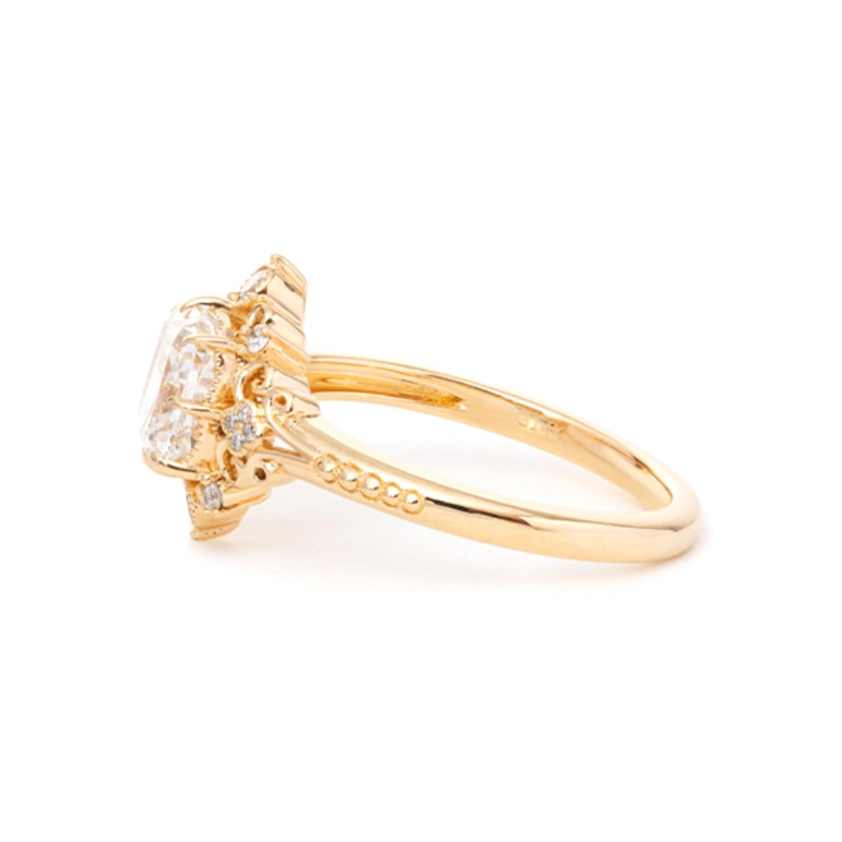 14K Yellow Gold 2.5ct Elongated Cushion Cut Lab Diamond Victoran - Style Ring with Floral Motifs - FIORESE JEWELRY