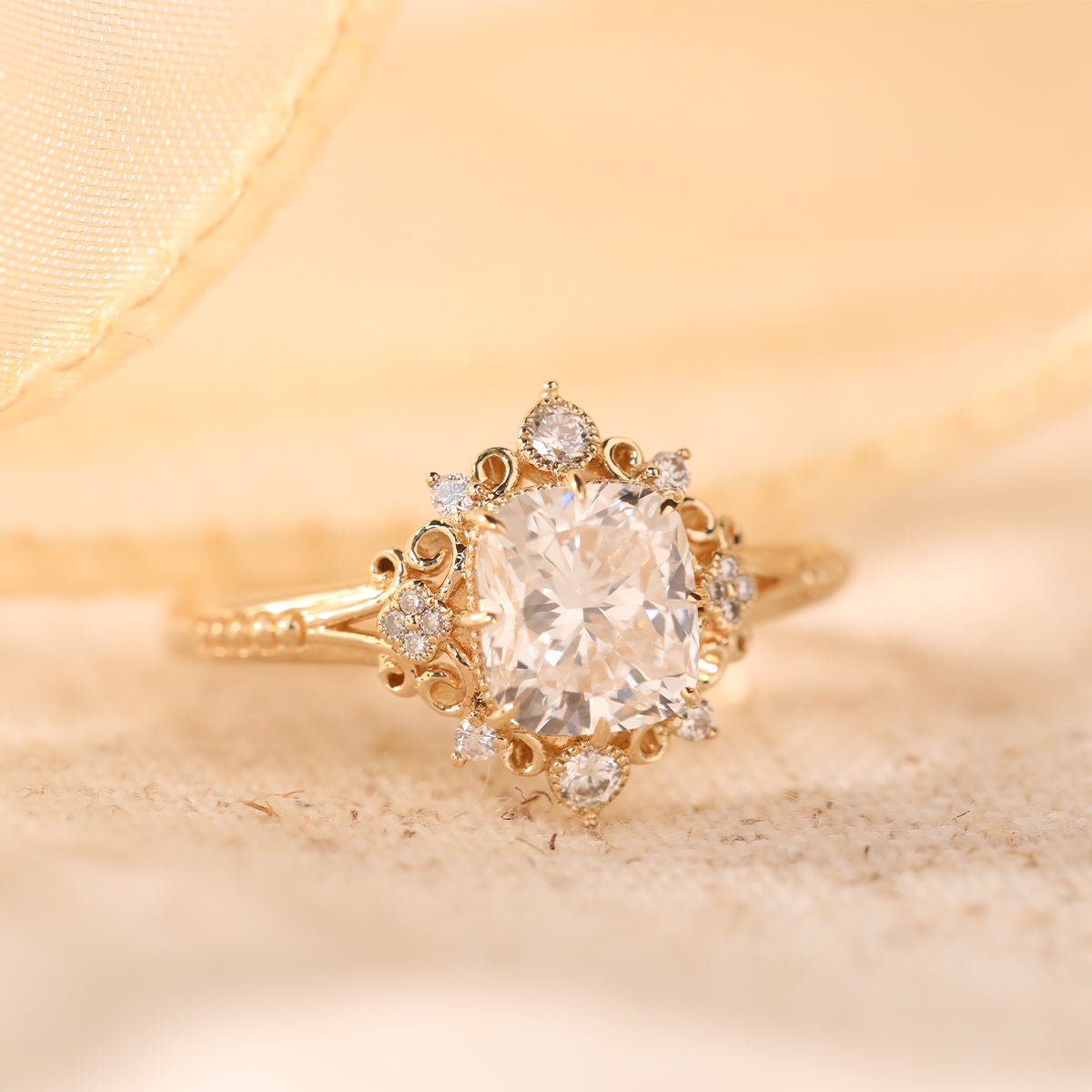 14K Yellow Gold 2.5ct Elongated Cushion Cut Lab Diamond Victoran - Style Ring with Floral Motifs - FIORESE JEWELRY