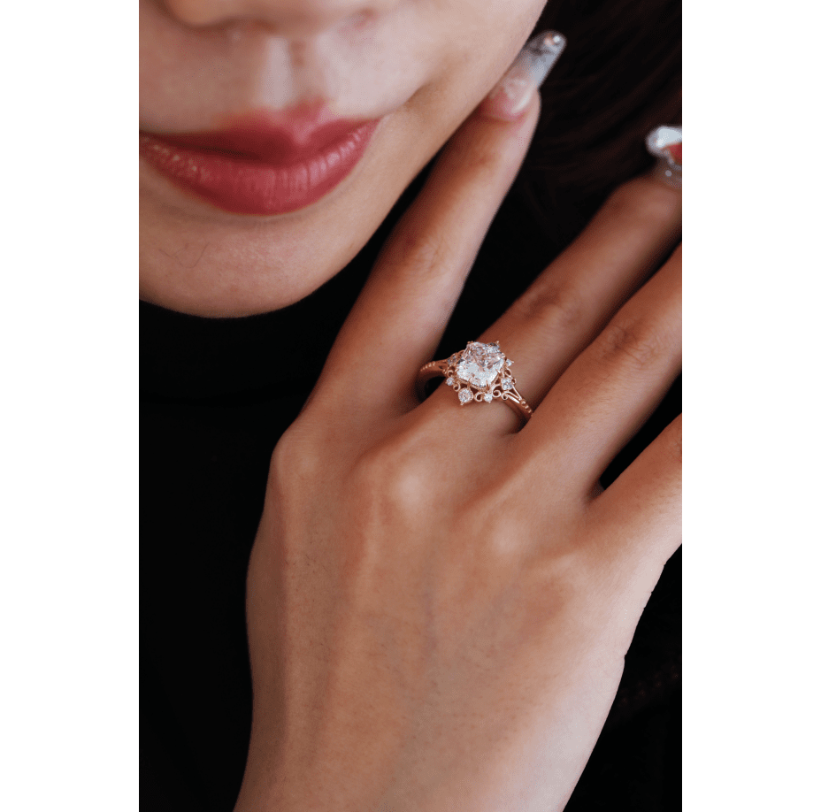 14K Yellow Gold 2.5ct Elongated Cushion Cut Lab Diamond Victoran - Style Ring with Floral Motifs - FIORESE JEWELRY