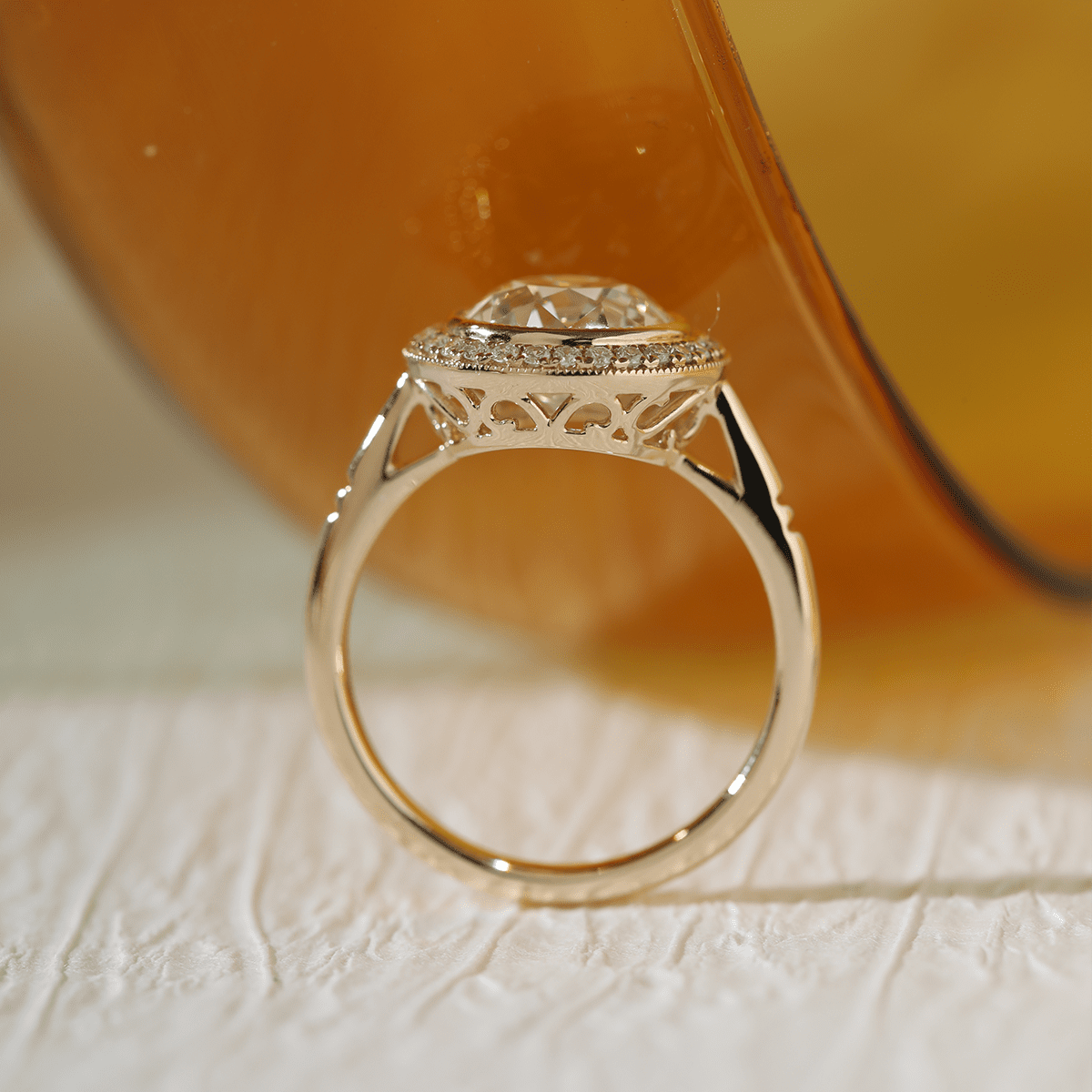14K Yellow Gold 2.5ct Old European Cut Lab Diamond Edwardian Style Ring with Round Lab Diamond Halo Ring - FIORESE JEWELRY