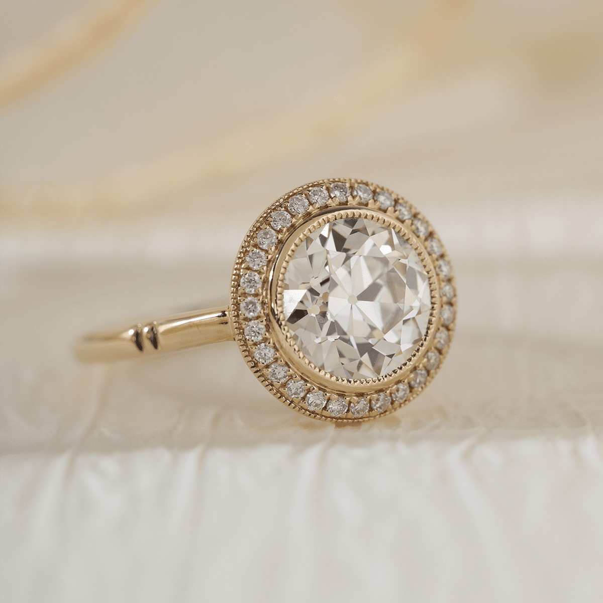 14K Yellow Gold 2.5ct Old European Cut Lab Diamond Edwardian Style Ring with Round Lab Diamond Halo Ring - FIORESE JEWELRY