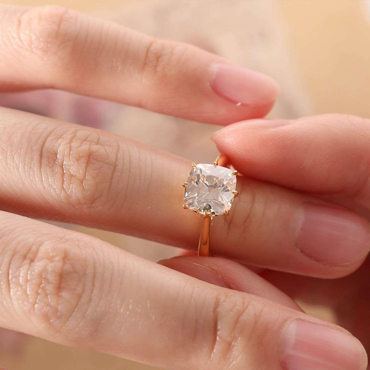 14k Yellow Gold 2.5ct Old Mine Cut Cushion Lab Diamond 8 Prongs Basket Solitaire Ring - FIORESE JEWELRY