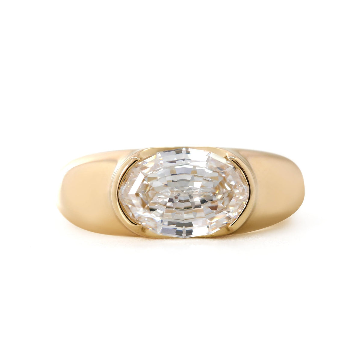 14K Yellow Gold 2.5ct Oval Step Cut Lab Diamond Half Bezel Ring with Tapered Band Design - FIORESE JEWELRY
