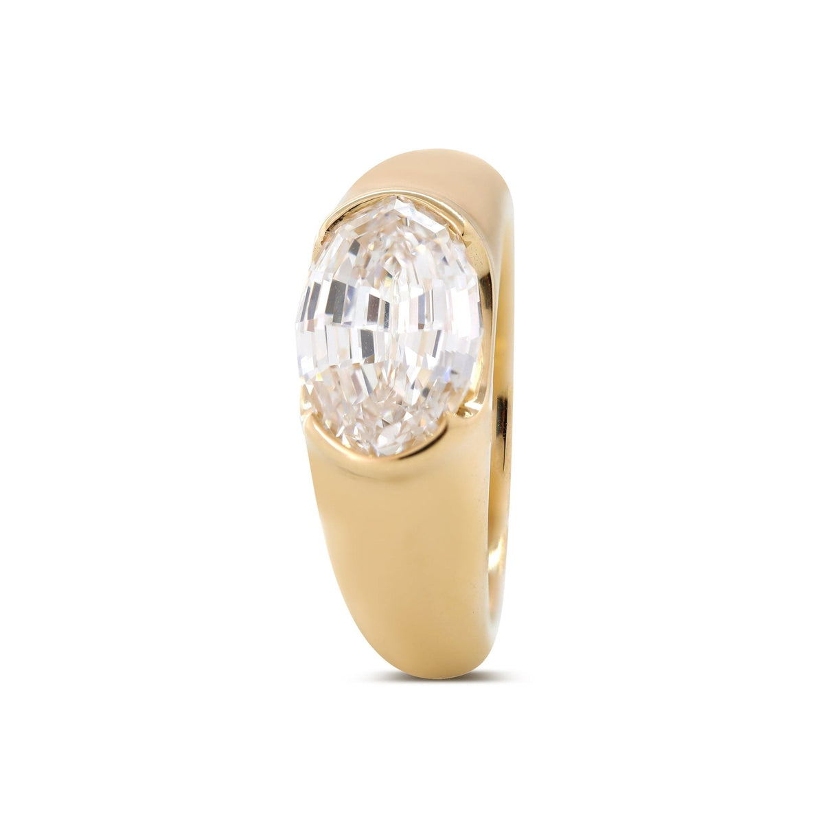 14K Yellow Gold 2.5ct Oval Step Cut Lab Diamond Half Bezel Ring with Tapered Band Design - FIORESE JEWELRY