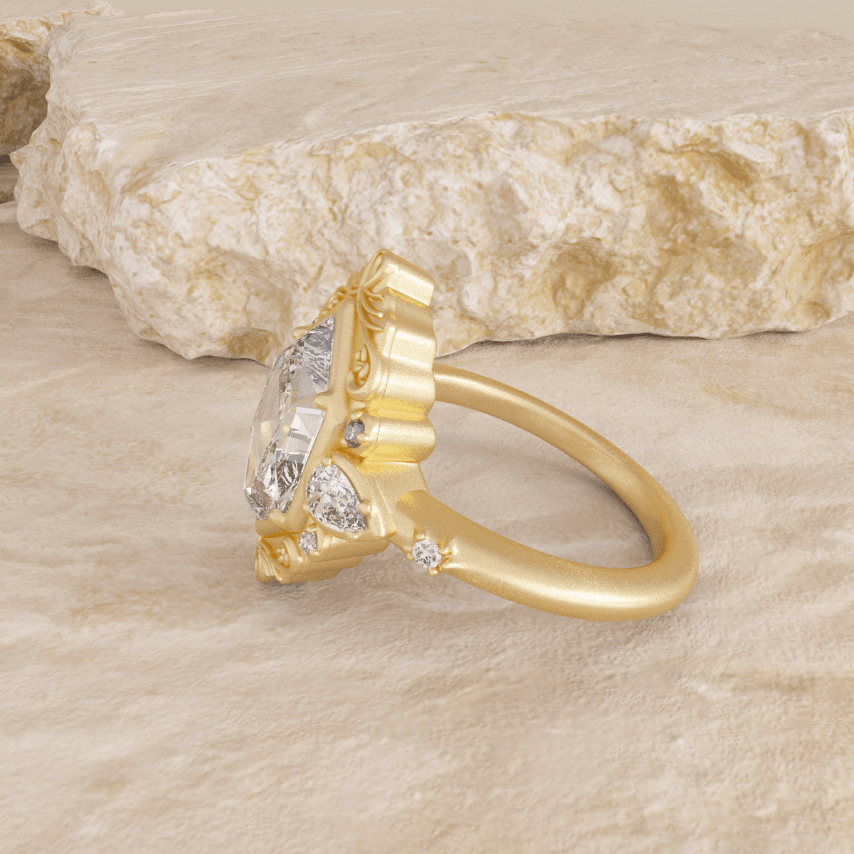 14K Yellow Gold 2ct Elongated Hexagonal Cut Lab Diamond Victoran - Style Bezel Ring with Floral Motifs - FIORESE JEWELRY