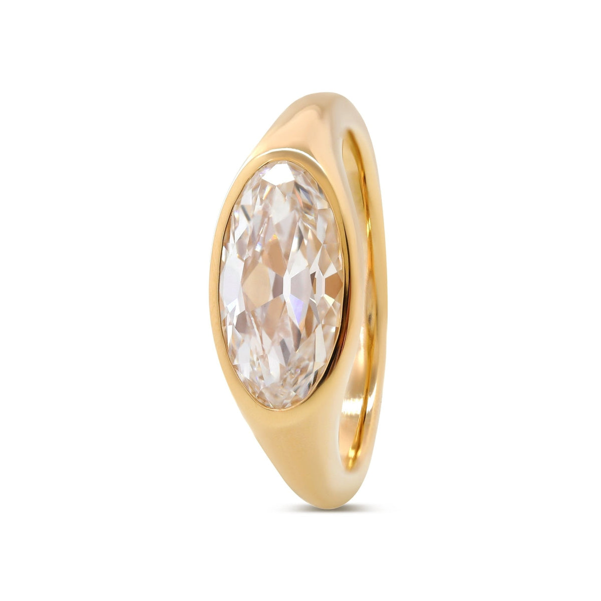 14K Yellow Gold 2ct Elongated Oval Old Mine Cut Lab Diamond Bezel Solitaire Ring - FIORESE JEWELRY