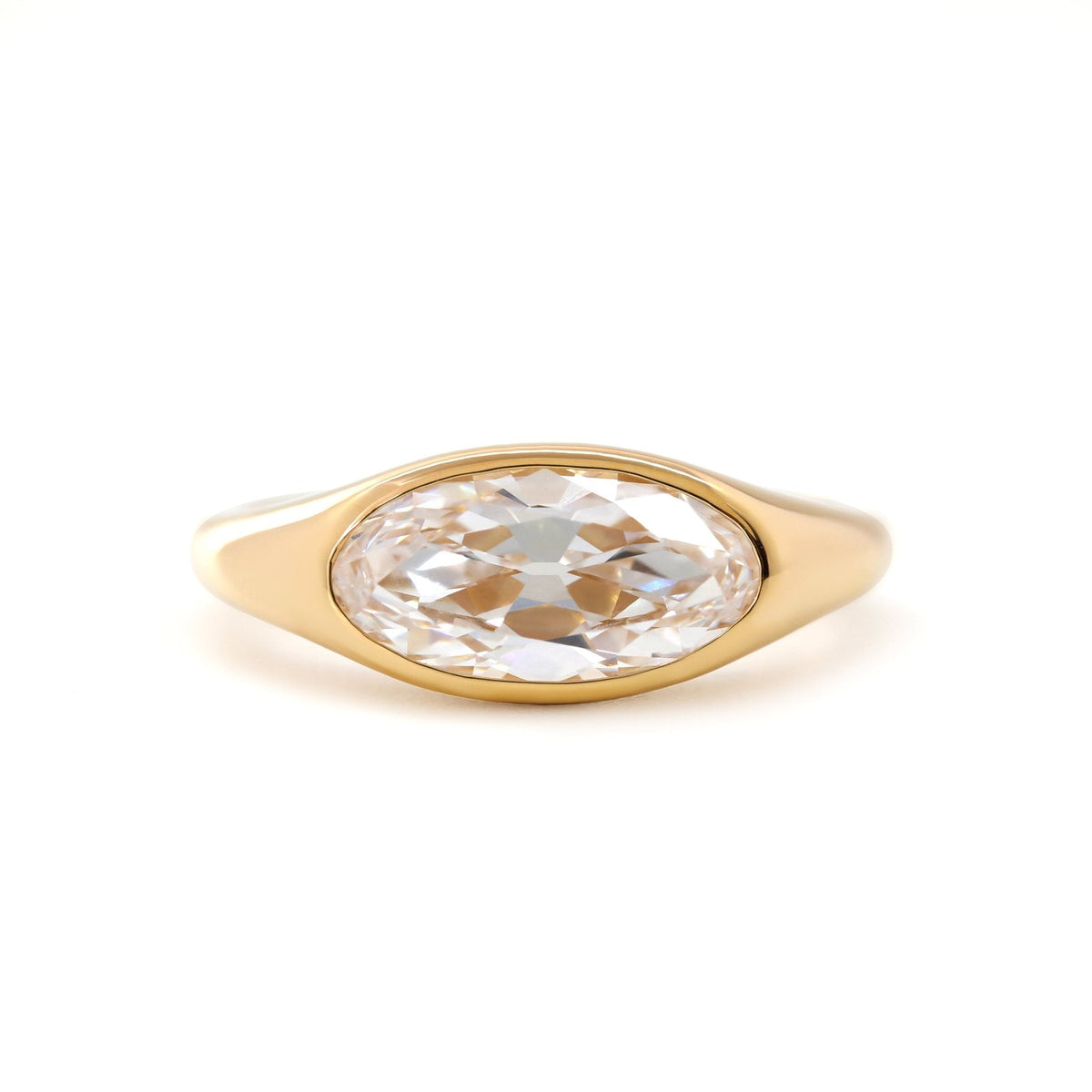 14K Yellow Gold 2ct Elongated Oval Old Mine Cut Lab Diamond Bezel Solitaire Ring - FIORESE JEWELRY