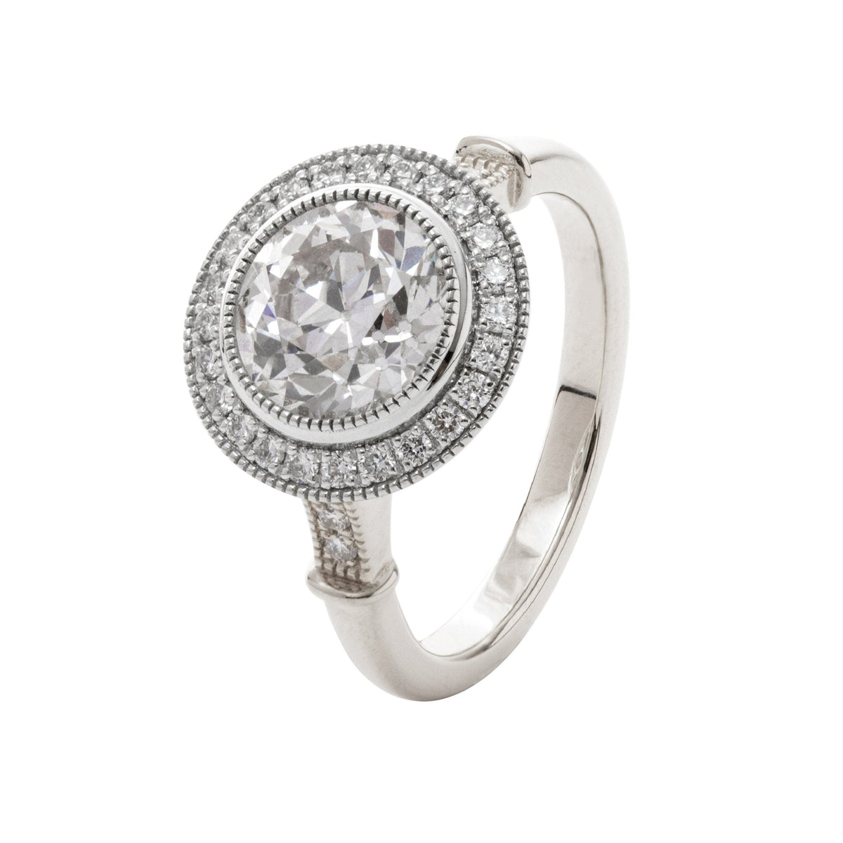 14K Yellow Gold 2ct Old European Cut Lab Diamond Miillegrain Vintage Ring with a 14K White Gold Round Diamond Halo - FIORESE JEWELRY