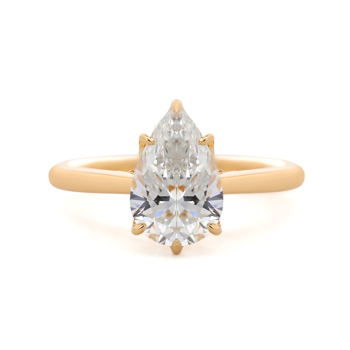 14K Yellow Gold 2ct Pear Cut Lab Diamond 6 Claw Prongs Floral Basket Ring with Hidden Round Diamond Millegrain Pave - FIORESE JEWELRY