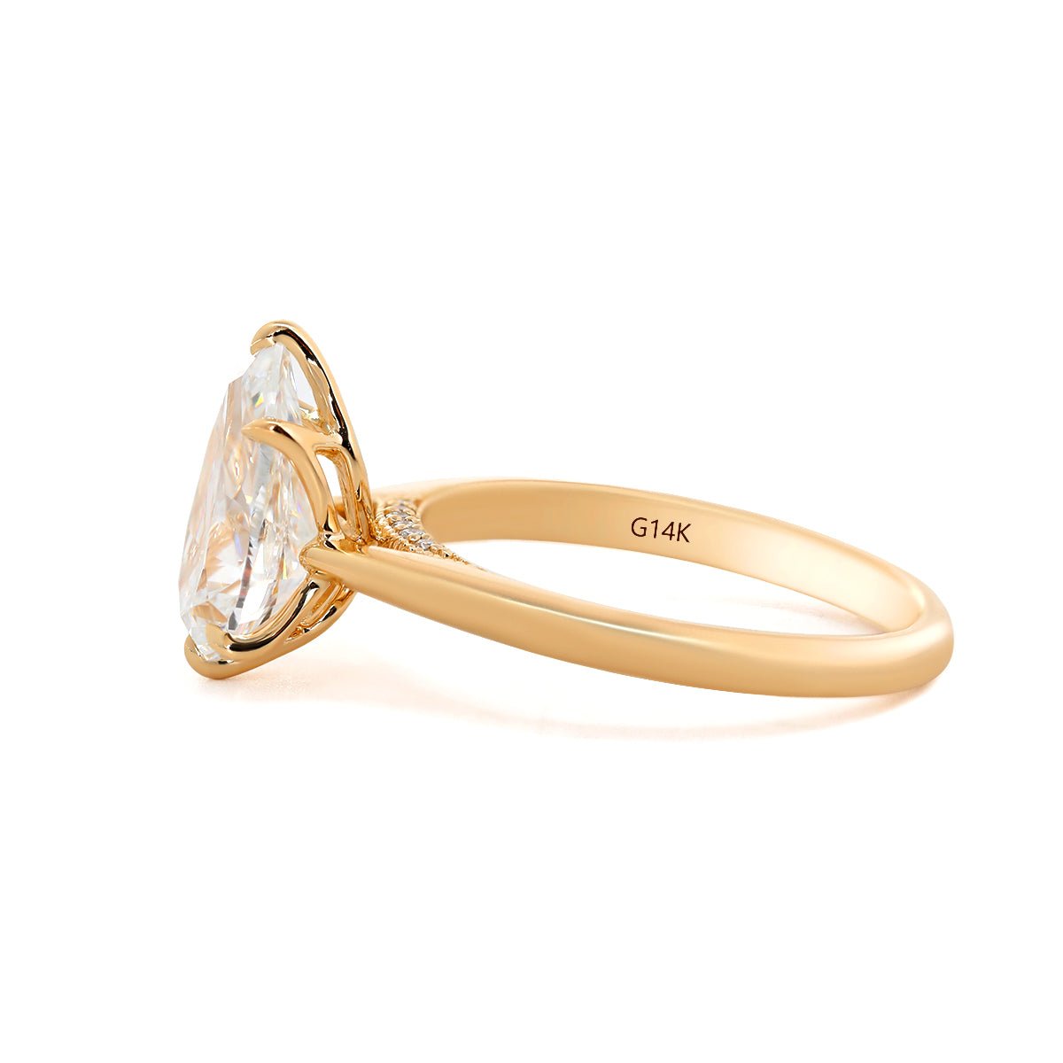 14K Yellow Gold 2ct Pear Cut Lab Diamond 6 Claw Prongs Floral Basket Ring with Hidden Round Diamond Millegrain Pave - FIORESE JEWELRY