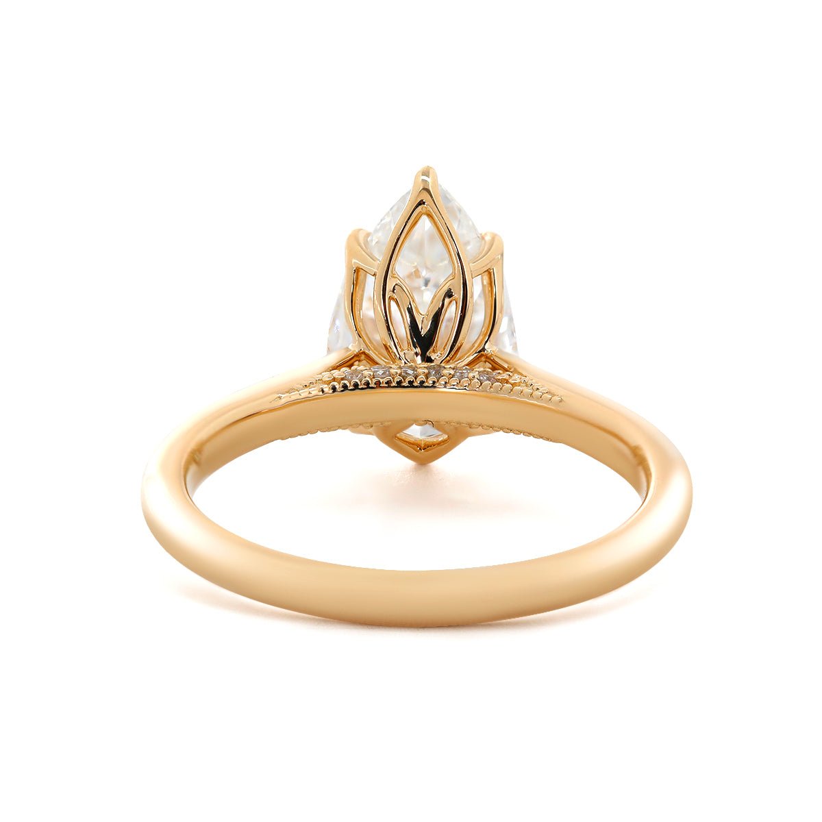 14K Yellow Gold 2ct Pear Cut Lab Diamond 6 Claw Prongs Floral Basket Ring with Hidden Round Diamond Millegrain Pave - FIORESE JEWELRY
