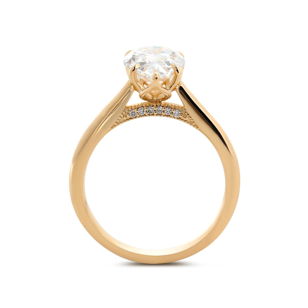 14K Yellow Gold 2ct Pear Cut Lab Diamond 6 Claw Prongs Floral Basket Ring with Hidden Round Diamond Millegrain Pave - FIORESE JEWELRY