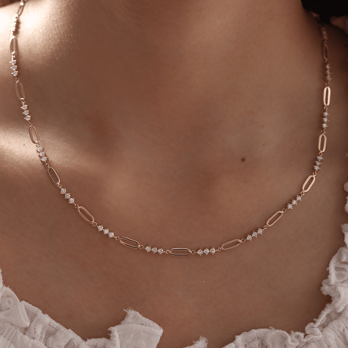 14K Yellow Gold 2mm Round Lab Diamond Cross Squashed Chain Station Necklace - FIORESE JEWELRY