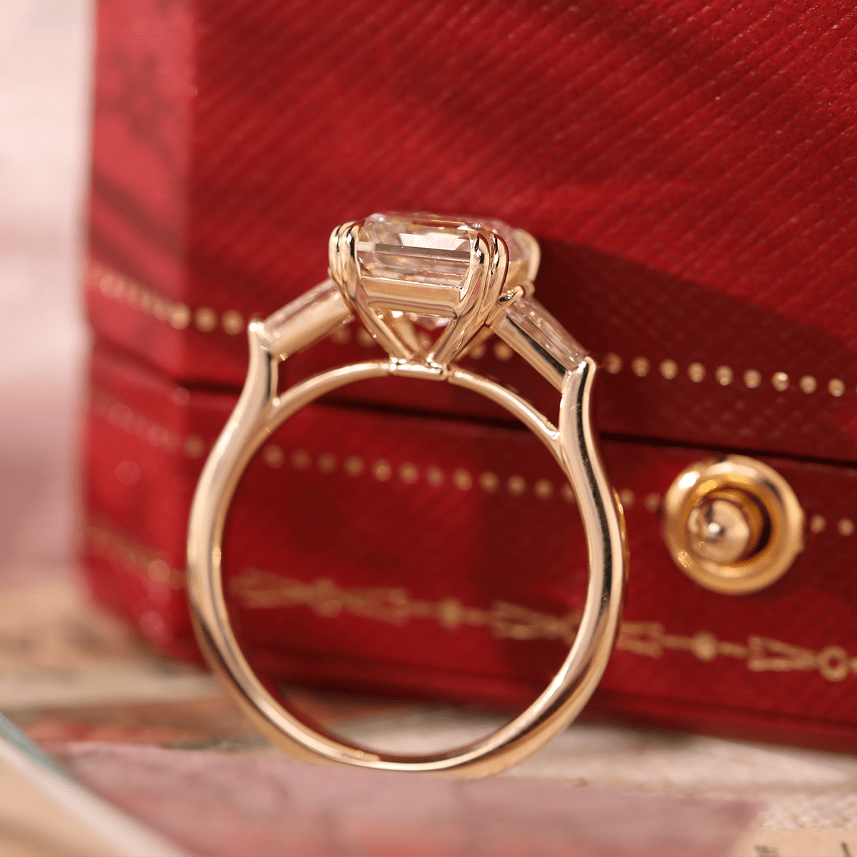 14K Yellow Gold 3.5ct Asscher Cut Lab Diamond Double Claw Prongs Three - stone Ring with Two Tapered Baguette Cut - FIORESE JEWELRY
