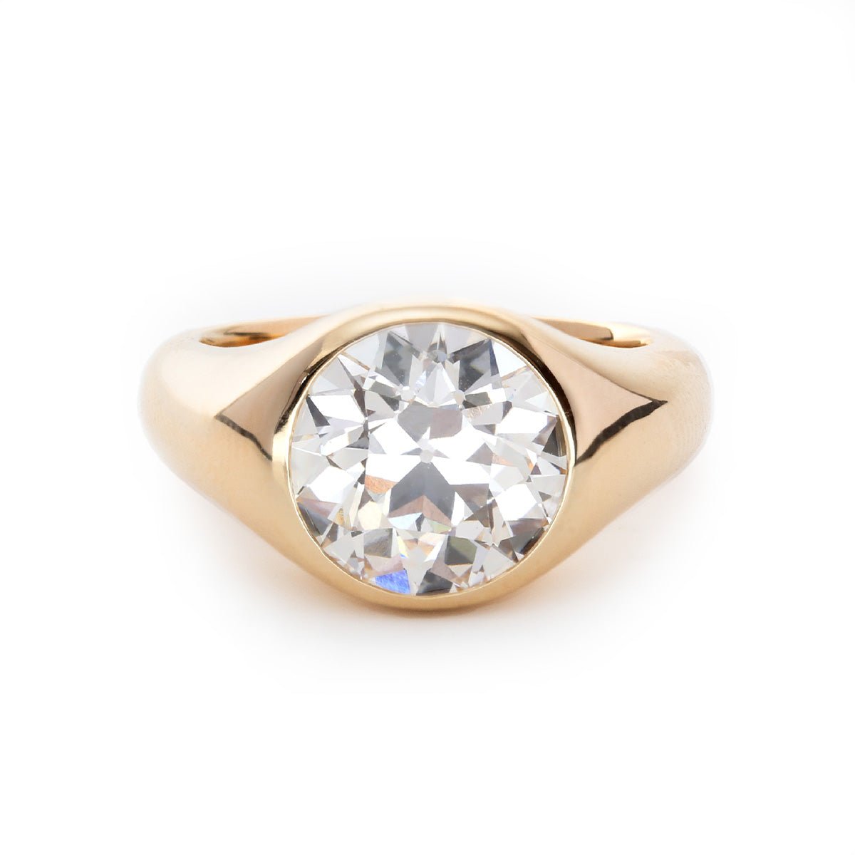 14K Yellow Gold 3.5ct Old European Cut Antique Lab Diamond Bezel Tapered Band Solitaire Ring - FIORESE JEWELRY
