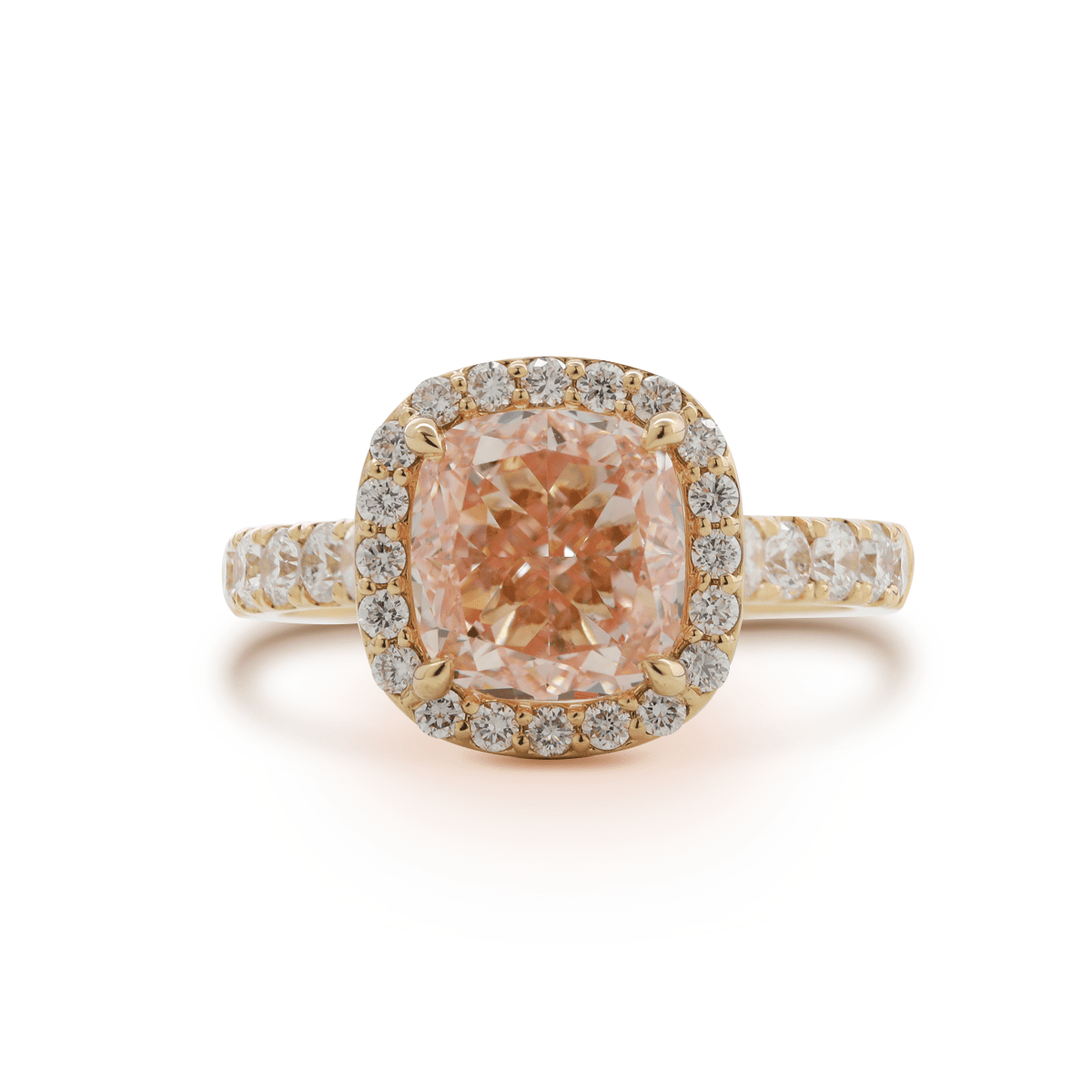 14K Yellow Gold 3ct Cushion Cut Pink Lab Diamond Ring with Round Lab Diamond Halo and U - shape Pave - FIORESE JEWELRY