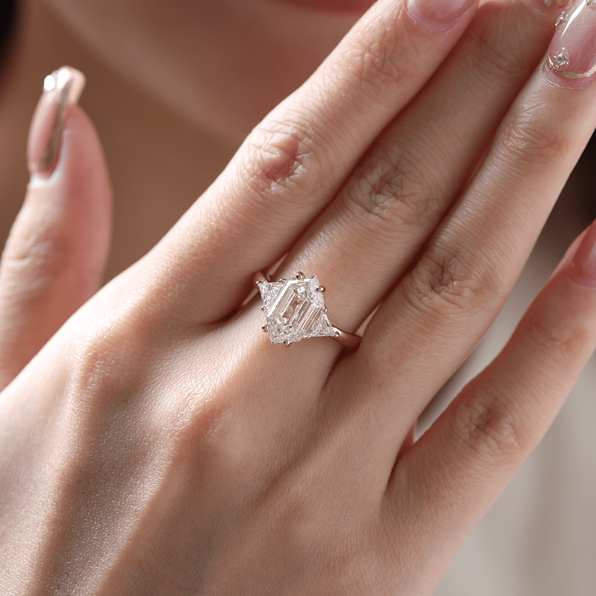14K Yellow Gold 3ct Elongated Hexagonal Step Cut Lab Diamond Victoran - Style Three Stone Ring with Triangle Side - stone - FIORESE JEWELRY