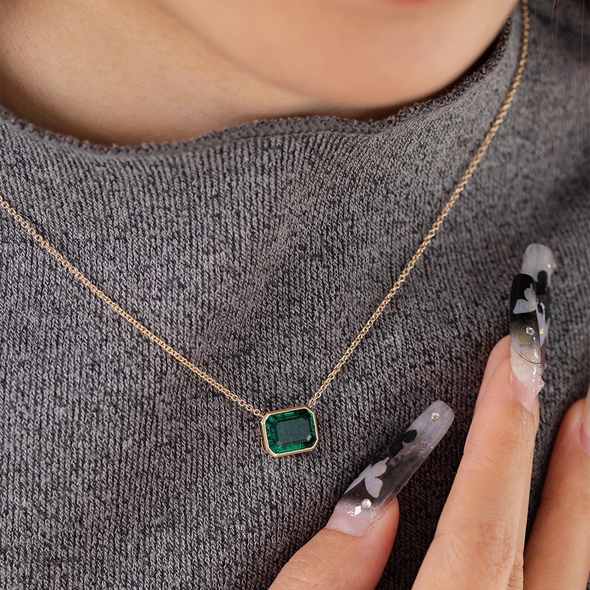 14K Yellow Gold 3ct Emerald Cut Lab Emerald Bezel Pendant Necklace - FIORESE JEWELRY