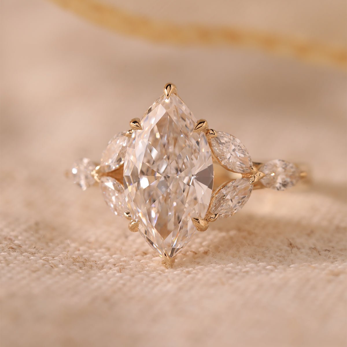 14K Yellow Gold 3ct Marquise Lab Diamond Ring – Art Nouveau Nature - Inspired Design - FIORESE JEWELRY