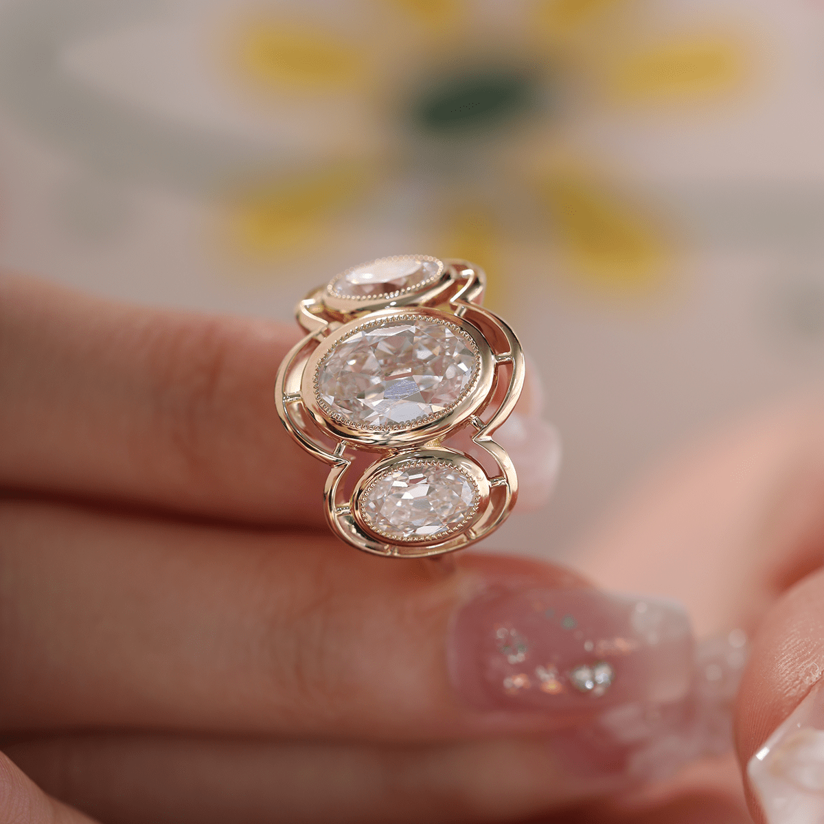 14K Yellow Gold 3ct Oval Old Mine Cut Lab Diamond Victoran - Style Millegrain Bezel Three Stone Ring - FIORESE JEWELRY