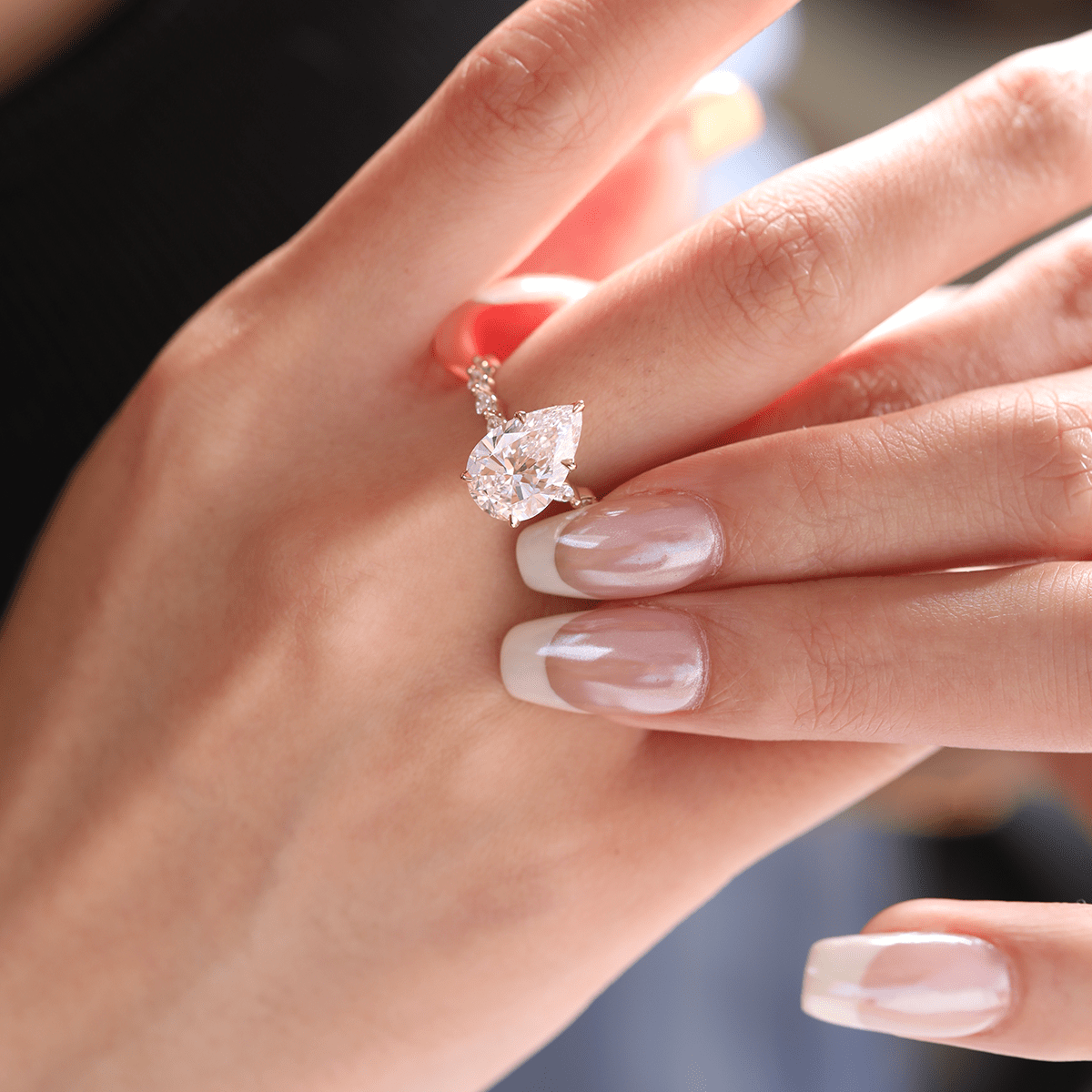 14K Yellow Gold 3ct Pear Cut Lab Diamond 5 Claw Prongs Floral Basket Engagement Ring with Marquise Cut and Round Cut Diamond Side - stones - FIORESE JEWELRY