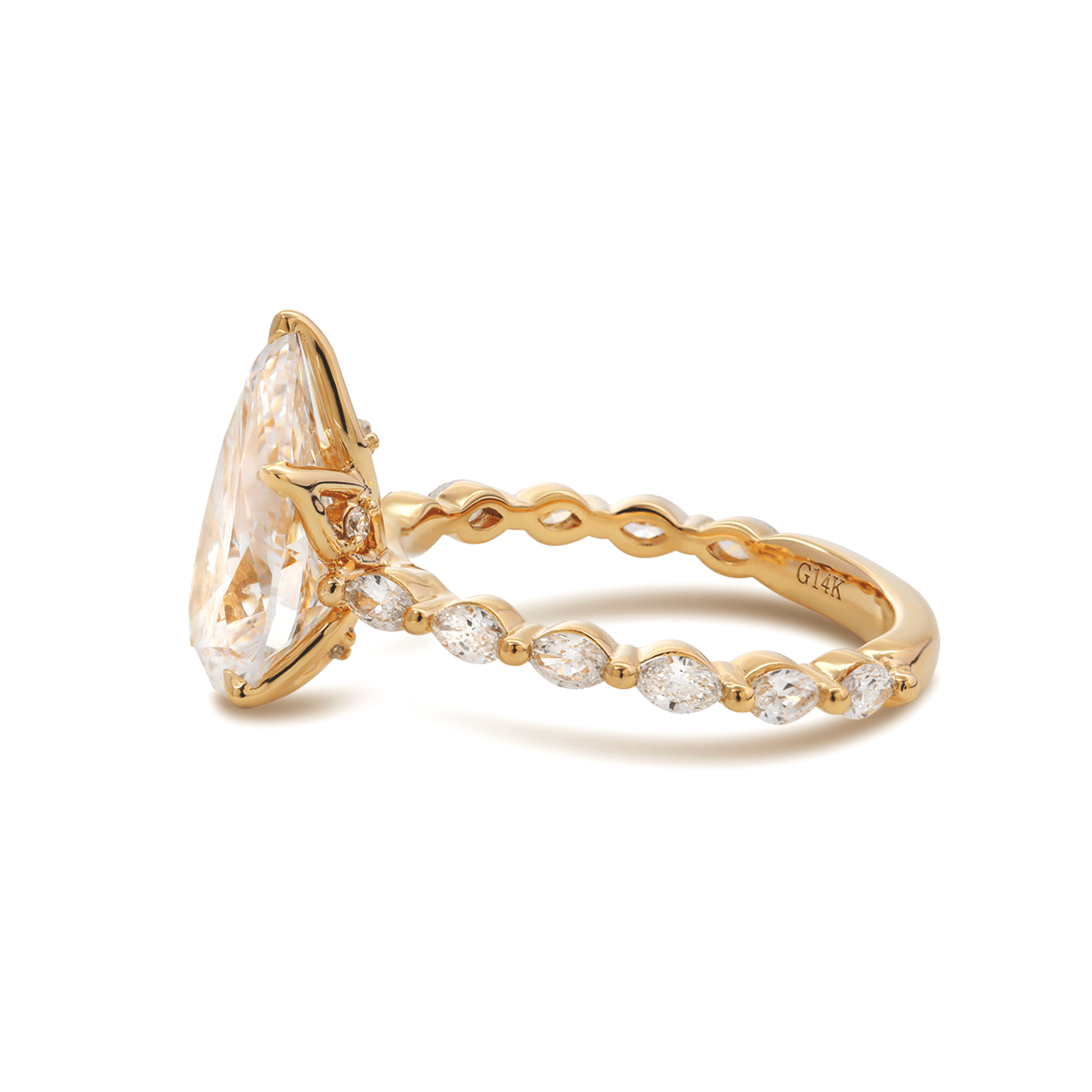 14K Yellow Gold 3ct Pear Cut Lab Diamond 5 Claw Prongs Floral Basket Engagement Ring with Marquise Cut and Round Cut Diamond Side - stones - FIORESE JEWELRY
