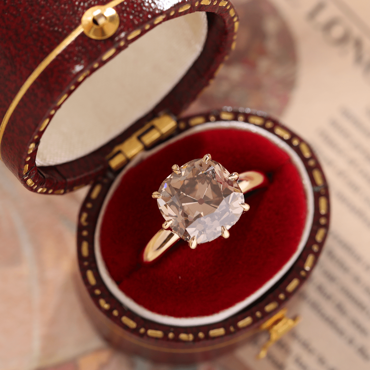 14K Yellow Gold 4.5ct Old Mine Cut Brown Lab Diamond 8 Claw Prongs Crown Setting Solitaire Ring - FIORESE JEWELRY