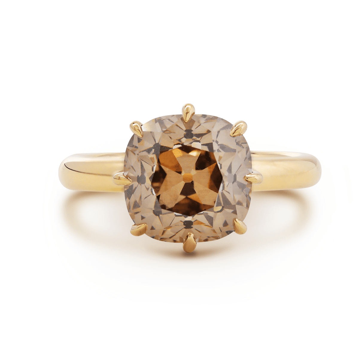 14K Yellow Gold 4.5ct Old Mine Cut Brown Lab Diamond 8 Claw Prongs Crown Setting Solitaire Ring - FIORESE JEWELRY
