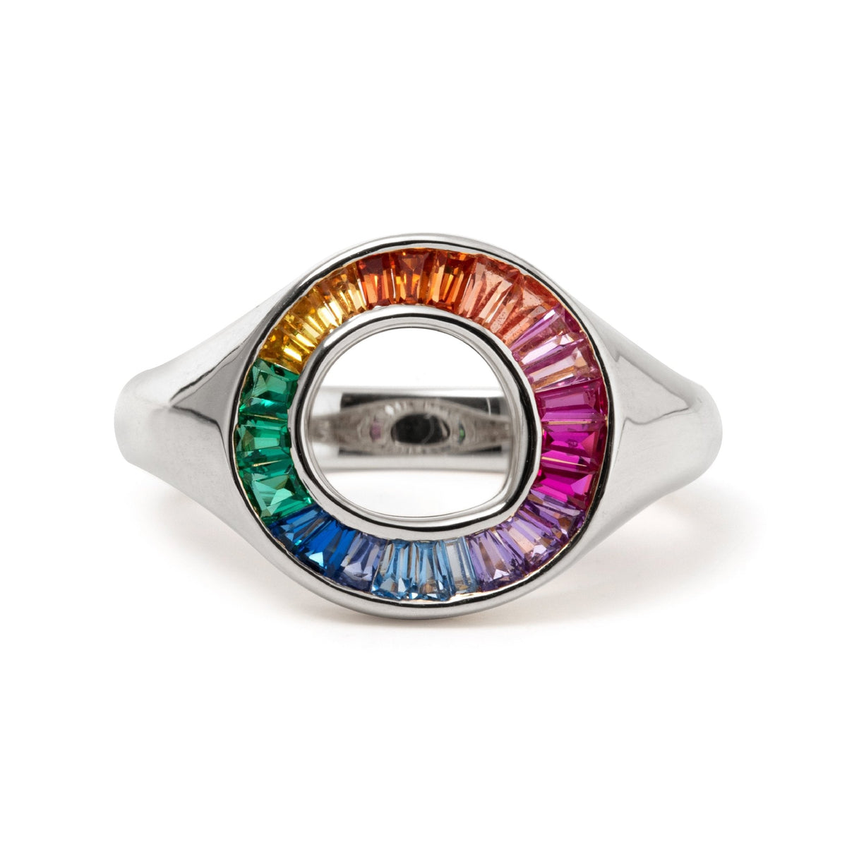 14K Yellow Gold Baguette Cut Rainbow Color Lab Sapphire Channel Setting Sphere Ring - FIORESE JEWELRY