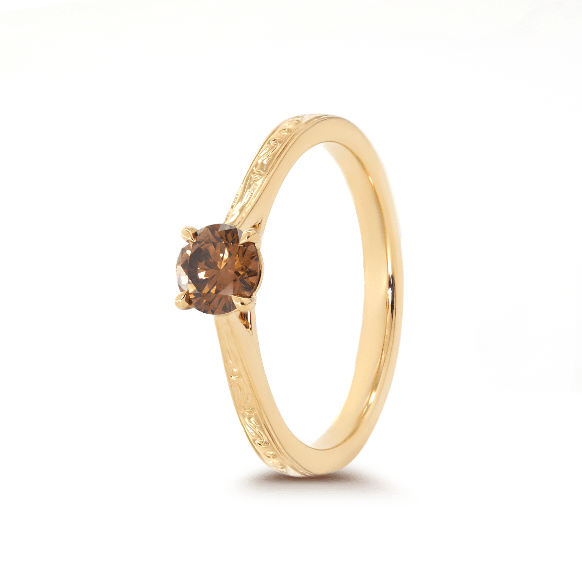14K Yellow Gold Brown Round Cut Lab Diamond 4 Claw Prong Cathedral Setting Solitaire Ring with Floral Engraving - FIORESE JEWELRY