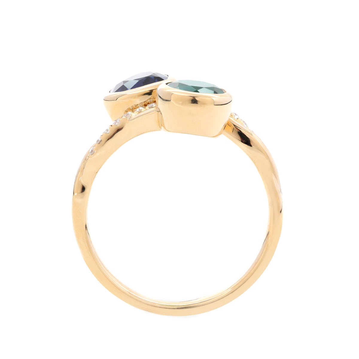 14K Yellow Gold Heart Lab Sapphire and Round Zambian Lab Emerald Toi et Moi Ring with Twist Band - FIORESE JEWELRY