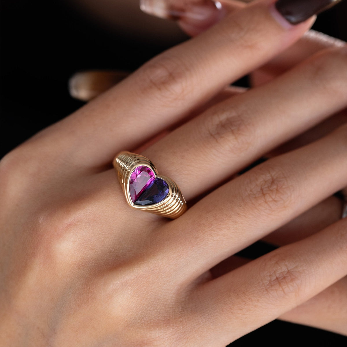 14K Yellow Gold Heart Shaped Toi et Moi Ring with 2 Half Heart Shapes Lab Pink Sapphire and Purple Sapphire (Fancy Corundum) - FIORESE JEWELRY
