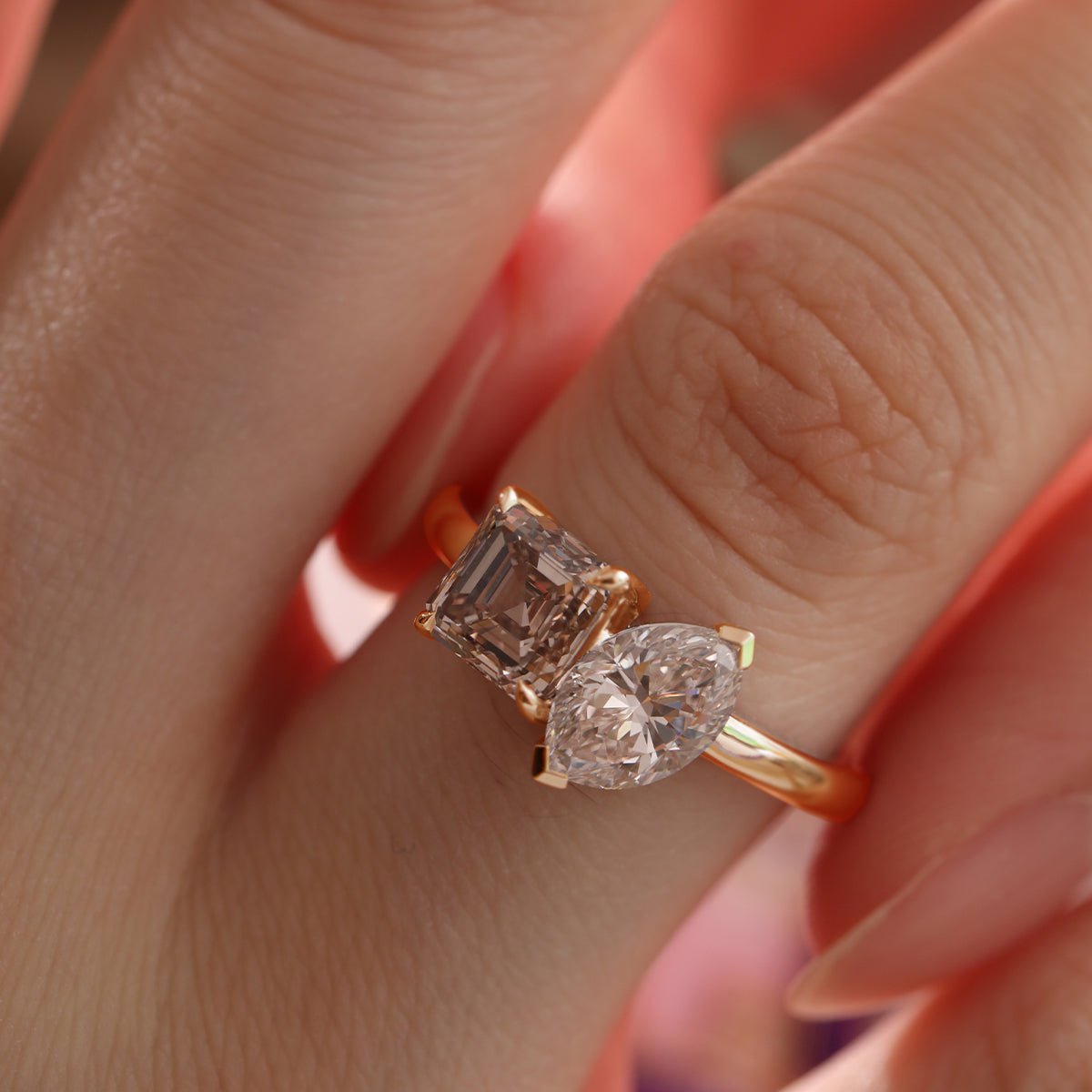 14K Yellow Gold Marquise Cut and Asscher Cut Lab Diamond Toi et Moi Ring - FIORESE JEWELRY