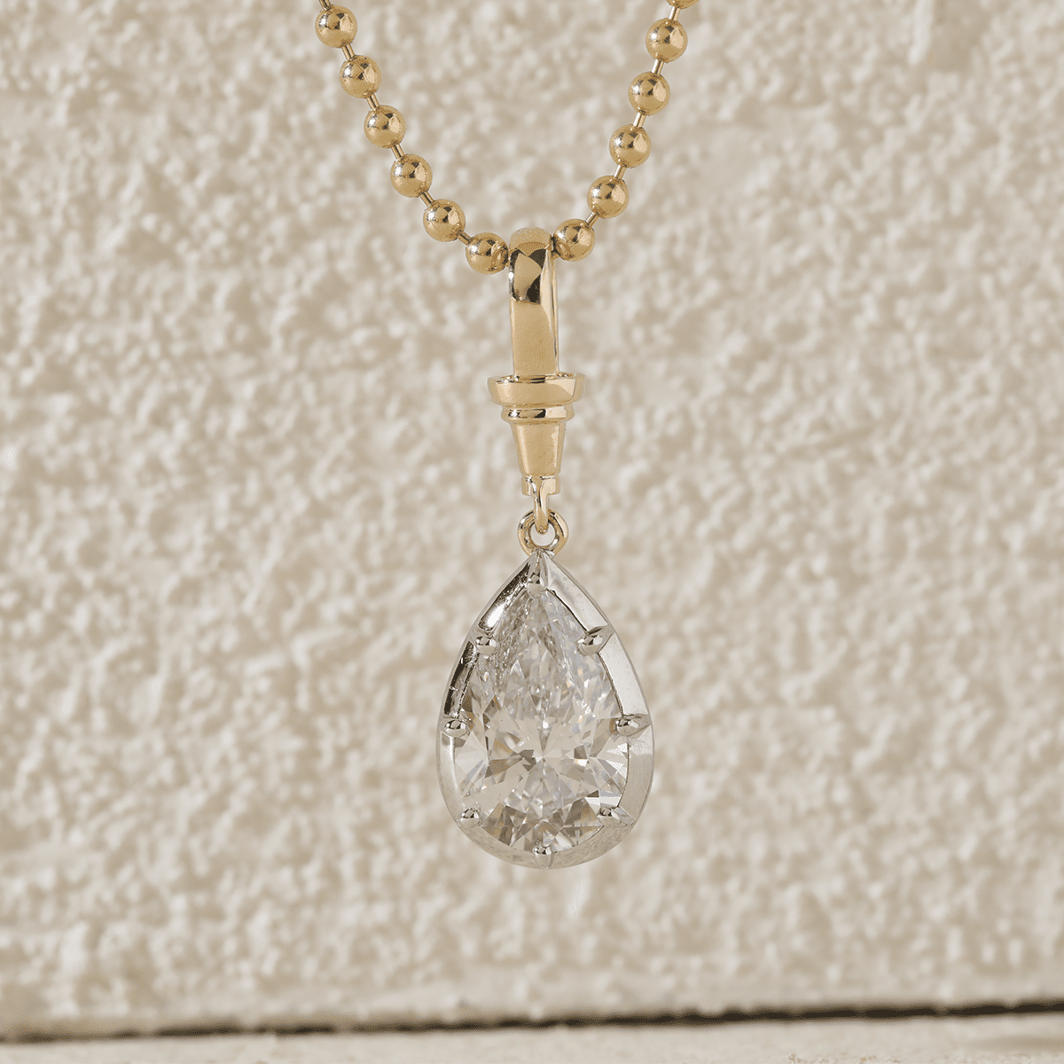14K Yellow Gold Necklace with 3ct Pear Shaped Lab Diamond Pendant in White Gold Bezel Setting and Beaded Chain - FIORESE JEWELRY
