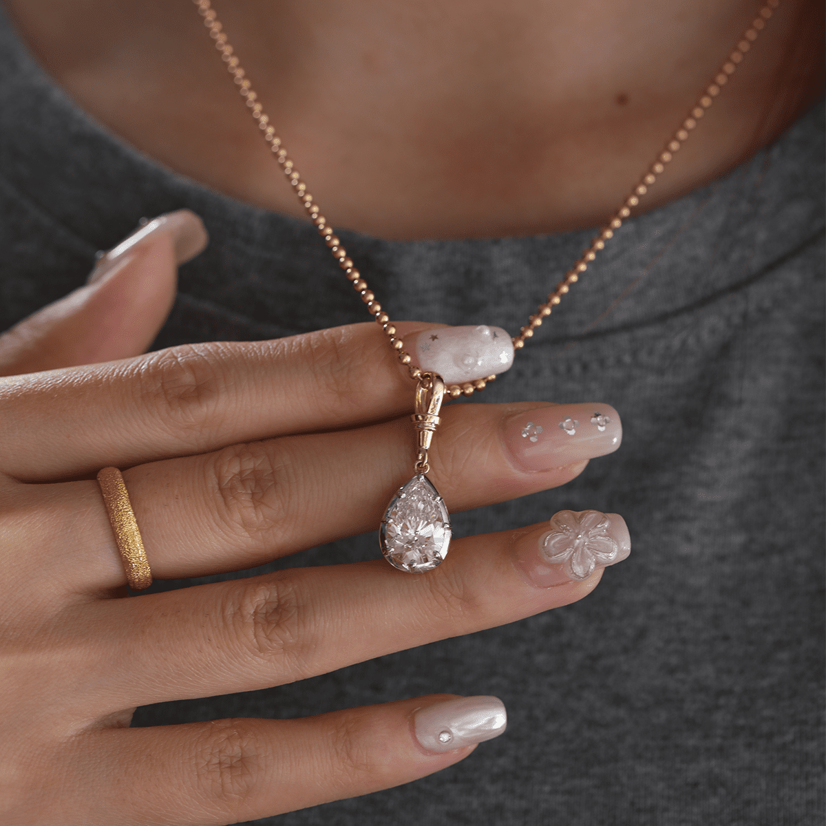 14K Yellow Gold Necklace with 3ct Pear Shaped Lab Diamond Pendant in White Gold Bezel Setting and Beaded Chain - FIORESE JEWELRY