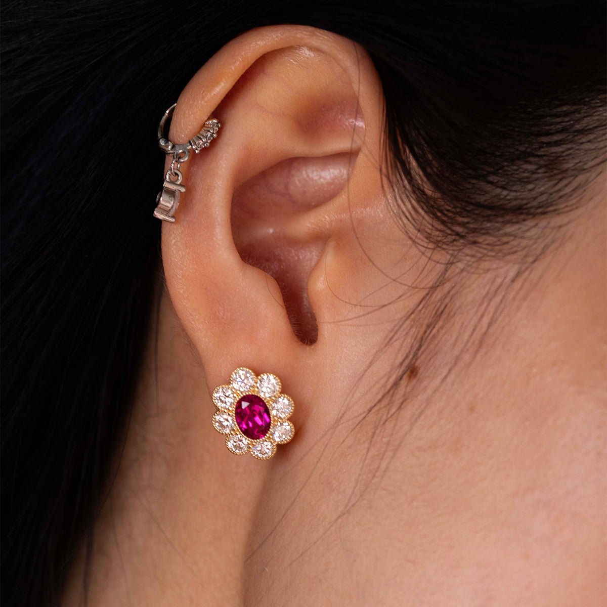 14K Yellow Gold Oval Pink Sapphire & Round Lab Diamond Flower Millegrain Bezel Stud Earrings - FIORESE JEWELRY