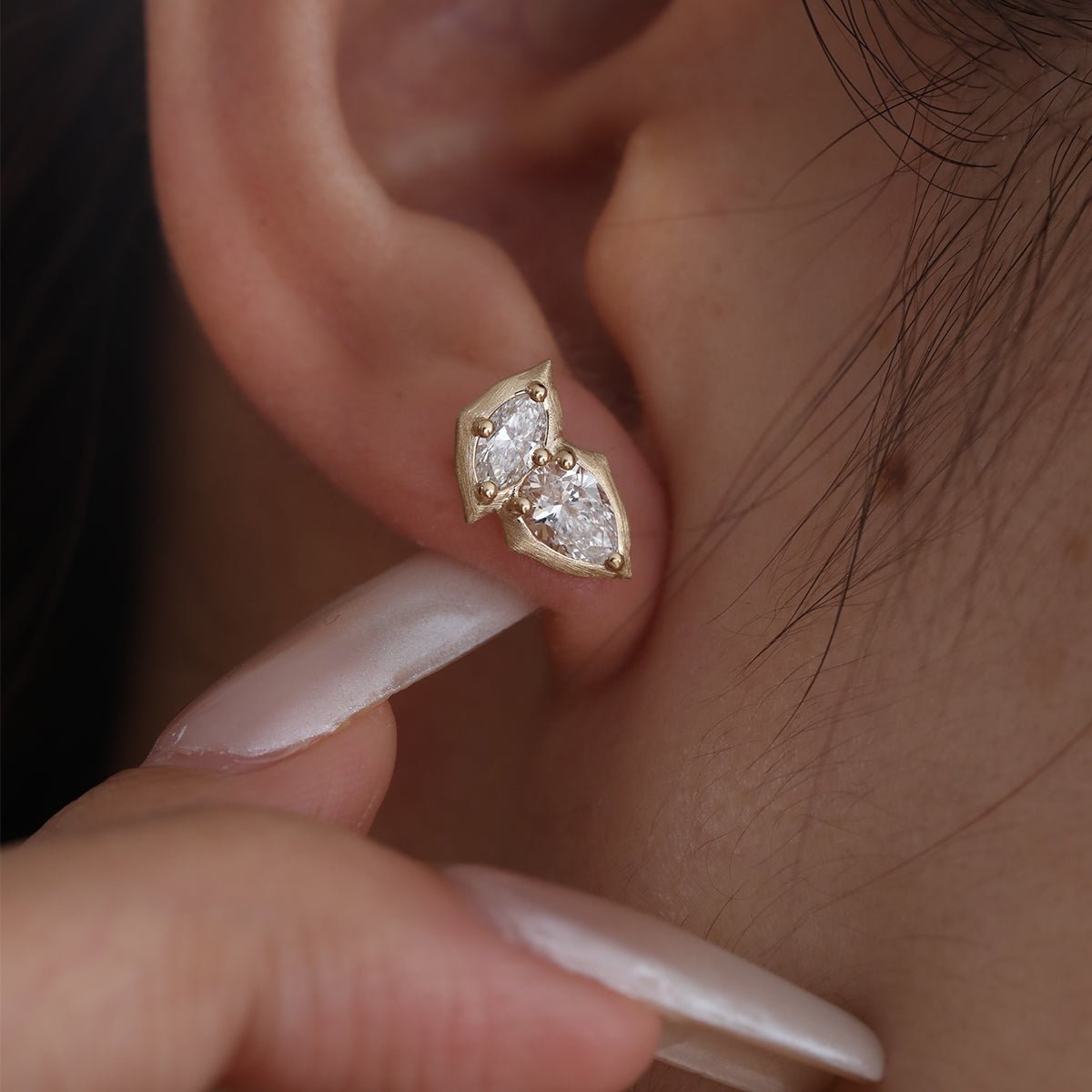 14K Yellow Gold Pear and Marquise Cut Lab Diamond Stud Earrings - FIORESE JEWELRY