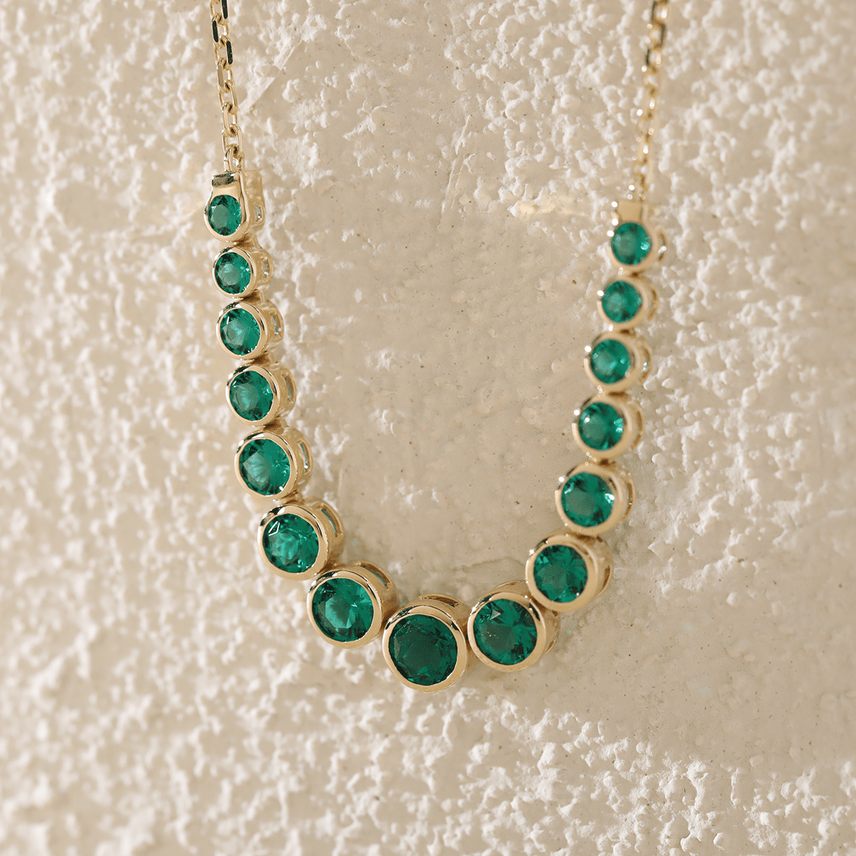 14K Yellow Gold Round Lab Columbian Emerald Bezel Smile Pendant Necklace - FIORESE JEWELRY