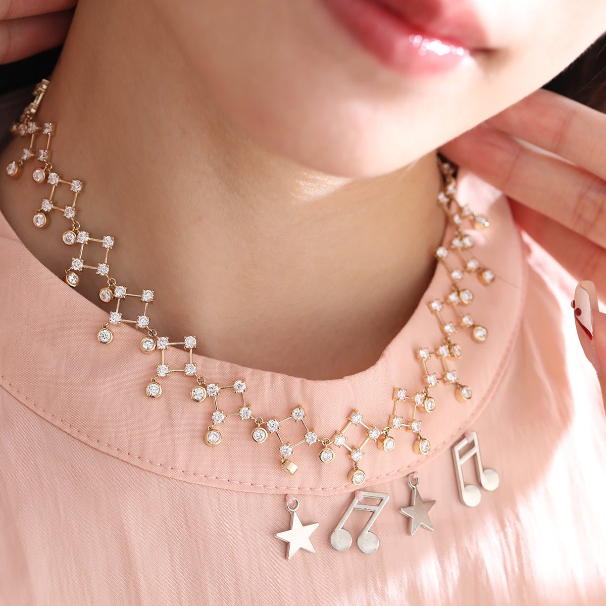 14K Yellow Gold Round Lab Diamond Lace Necklace - FIORESE JEWELRY