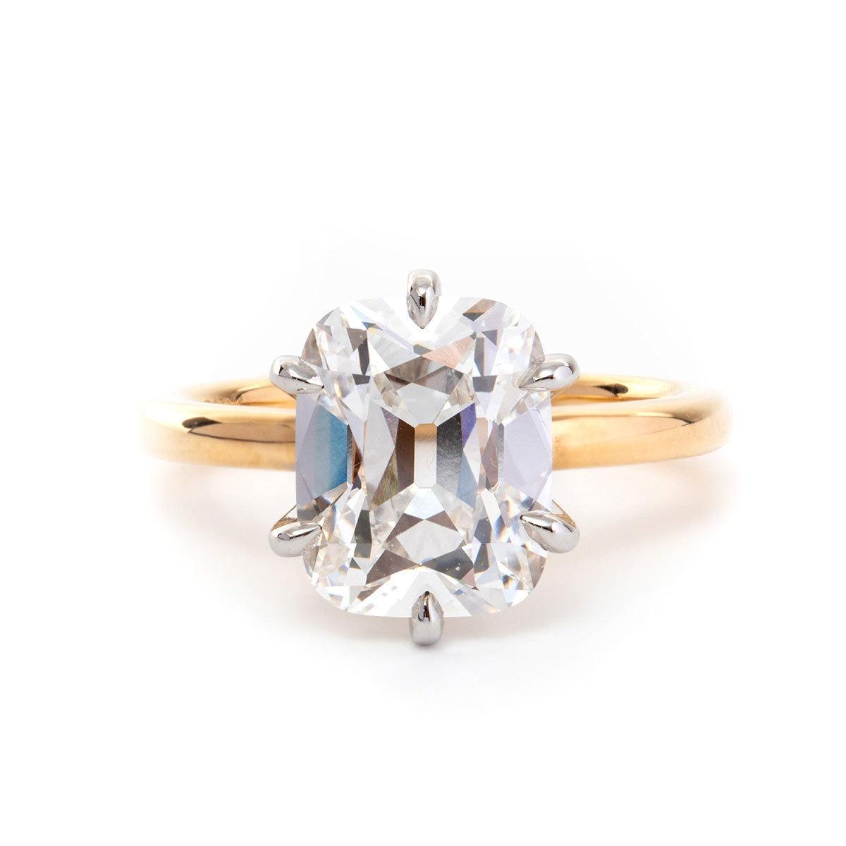 14k Yellow Gold & White Gold 3ct Elongated Old Mine Cut Lab Diamond Floral Basket Solitaire Ring - FIORESE JEWELRY